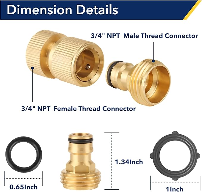Garden Hose Quick Connector, 3/4 Inch GHT Thread Quick Connect Kit, Solid Brass Water Hose Fittings with Female Adapter and Male Adapter(10pcs)