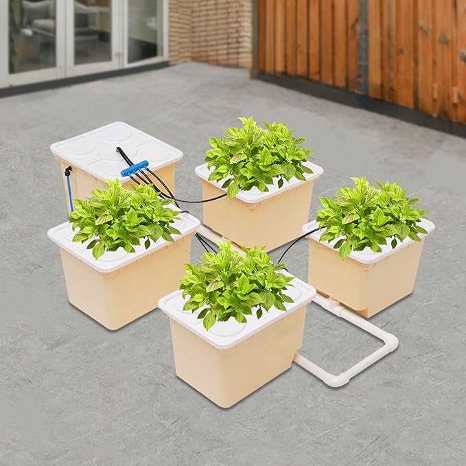 DWC Hydroponics Growing System Kit 4 Site + Reservoir, Deep Water Culture Hydroponic Bucket System with Submerged Pump