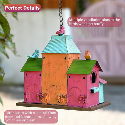 Large Bird Houses for Outside Hanging, Colorful Metal Bird Houses for Outside with 5 Compartments, Easy-Clean Front & Back Doors, Escape Holes & Ventilation, Weatherproof birdhouses for Outdoors