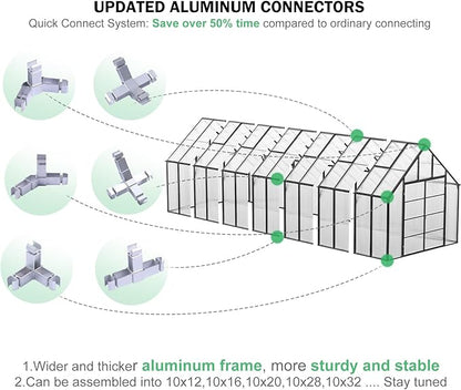 CDCASA 28x10x10 FT Greenhouse for Outdoors, Easy Assembly Large Thicker Aluminum Heavy Duty Polycarbonate Greenhouses Kit w/6 Windows, Outside Sunroom Walk-in Green House for Patio,Backyard