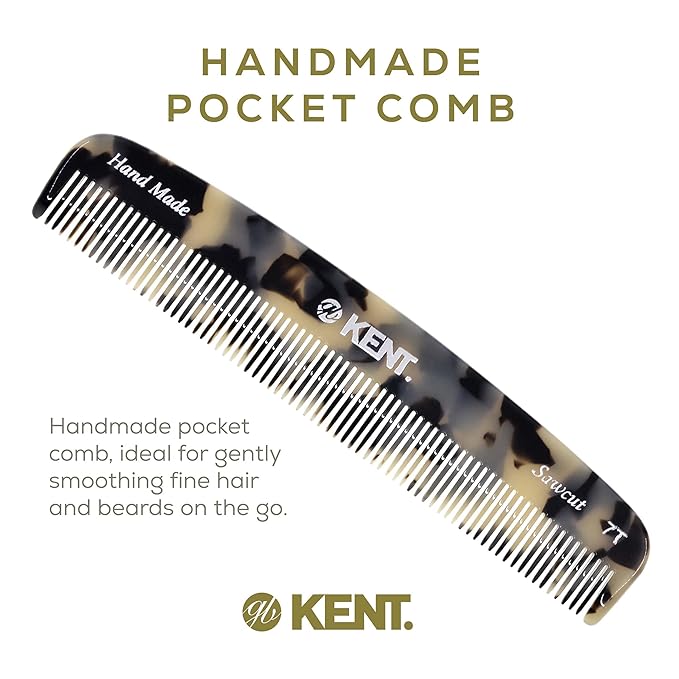 Kent 7T TW Handmade Fine Tooth Pocket Comb - For Men's Everyday Grooming, Styling, and Travel - Suitable for Mustache, Beard, Dry, Wet, Fine or Thinning Hair - Saw Cut and Hand Polished