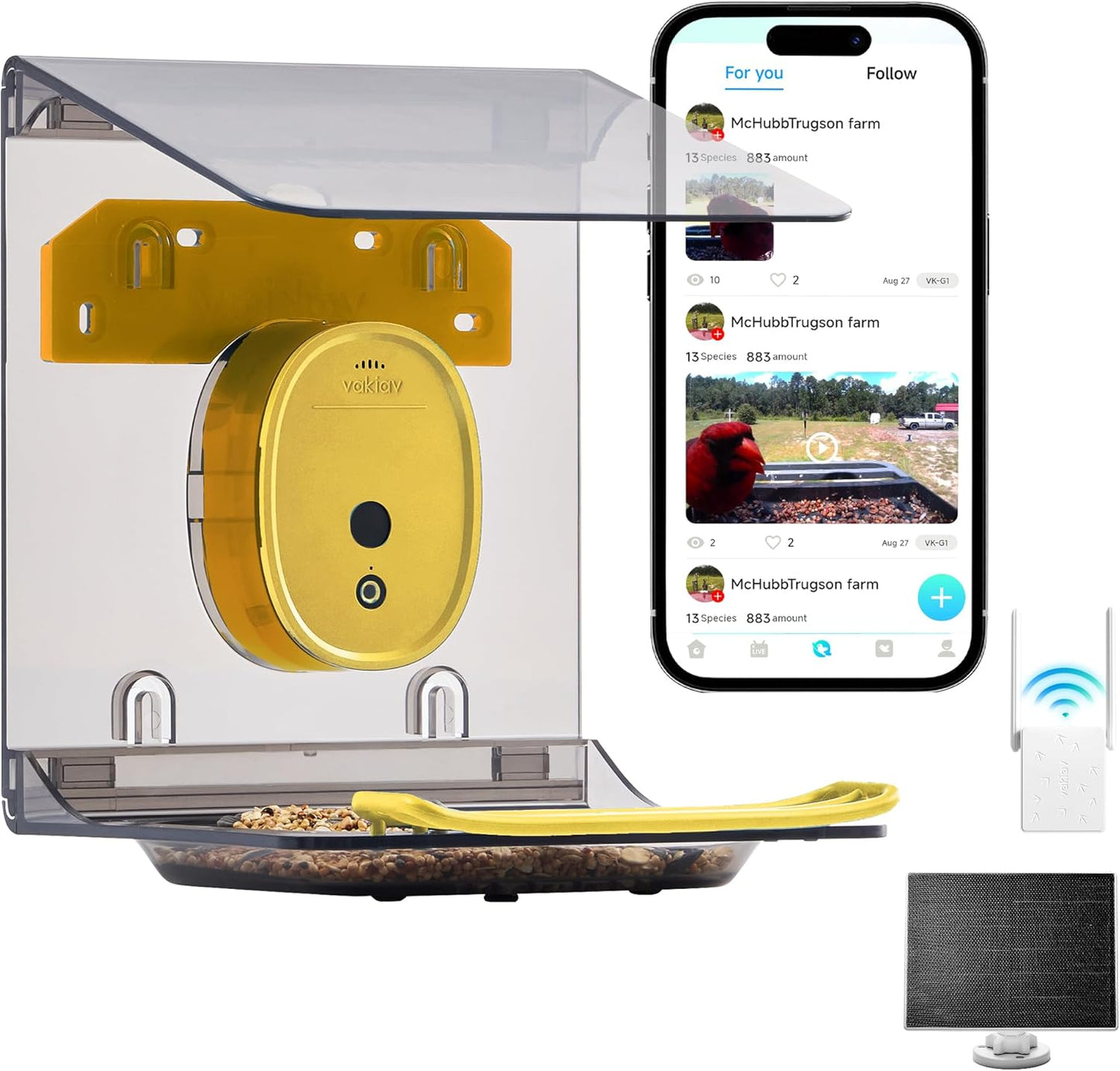 Smart Bird Feeder with Camera Solar Powered,2K HD Video Live Stream,AI Identify Birds Species,Link via Signal Transmitter,5MP Photos,Instant Arrival Alerts,Motion Detect,Elderly-Friendly,Yellow