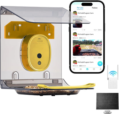 Smart Bird Feeder with Camera Solar Powered,2K HD Video Live Stream,AI Identify Birds Species,Link via Signal Transmitter,5MP Photos,Instant Arrival Alerts,Motion Detect,Elderly-Friendly,Yellow