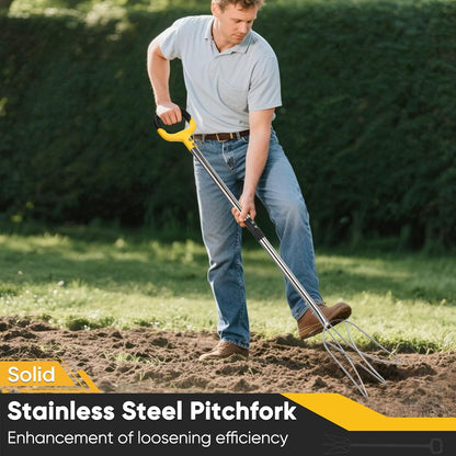 Pitchfork for Gardening, 48.5" Extendable Stainless Steel Garden Pitchfork with Handle, Suitable for Digging, Fertilizing, Transplanting, Multifunctional Garden Fork - 3 Tines