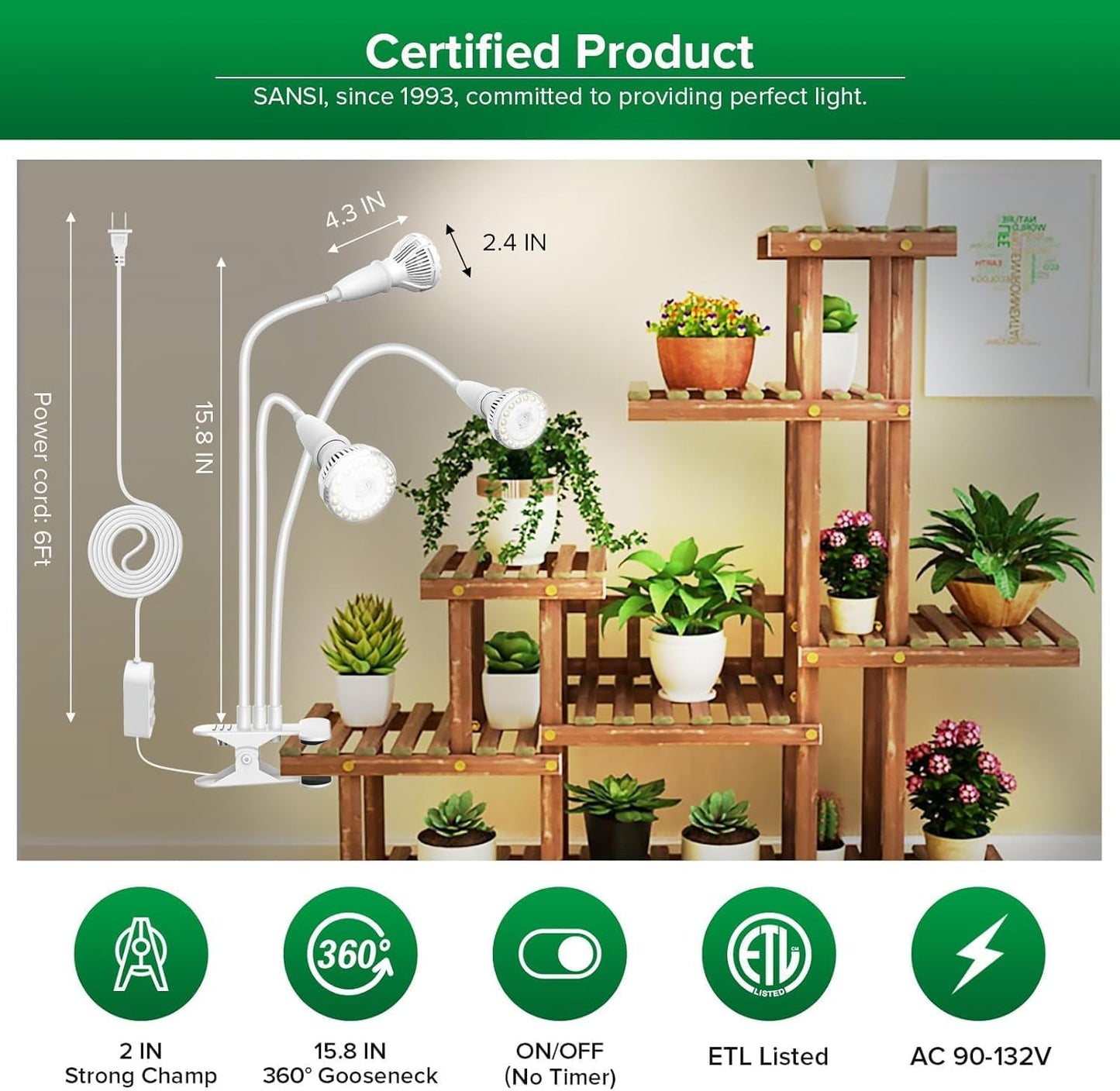 SANSI LED Grow Lights for Indoor Plants, 450W Full Spectrum Clip-on Gooseneck Grow Light with Ceramic Tech.,30W Power Plant Light with Optical Lens for High PPFD, Lifetime Free Bulbs Replacement White