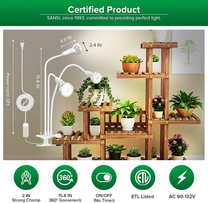 SANSI LED Grow Lights for Indoor Plants, 450W Full Spectrum Clip-on Gooseneck Grow Light with Ceramic Tech.,30W Power Plant Light with Optical Lens for High PPFD, Lifetime Free Bulbs Replacement White