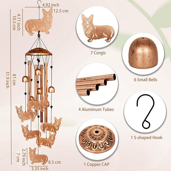 Corgi Wind Chimes for Outside, Metal Windchimes Outdoors, Corgi Gifts for Women/Men, Memorial/Birthday Gifts, Garden Decor for Outside, Patio or Yard, Durable Chimes for Outdoors