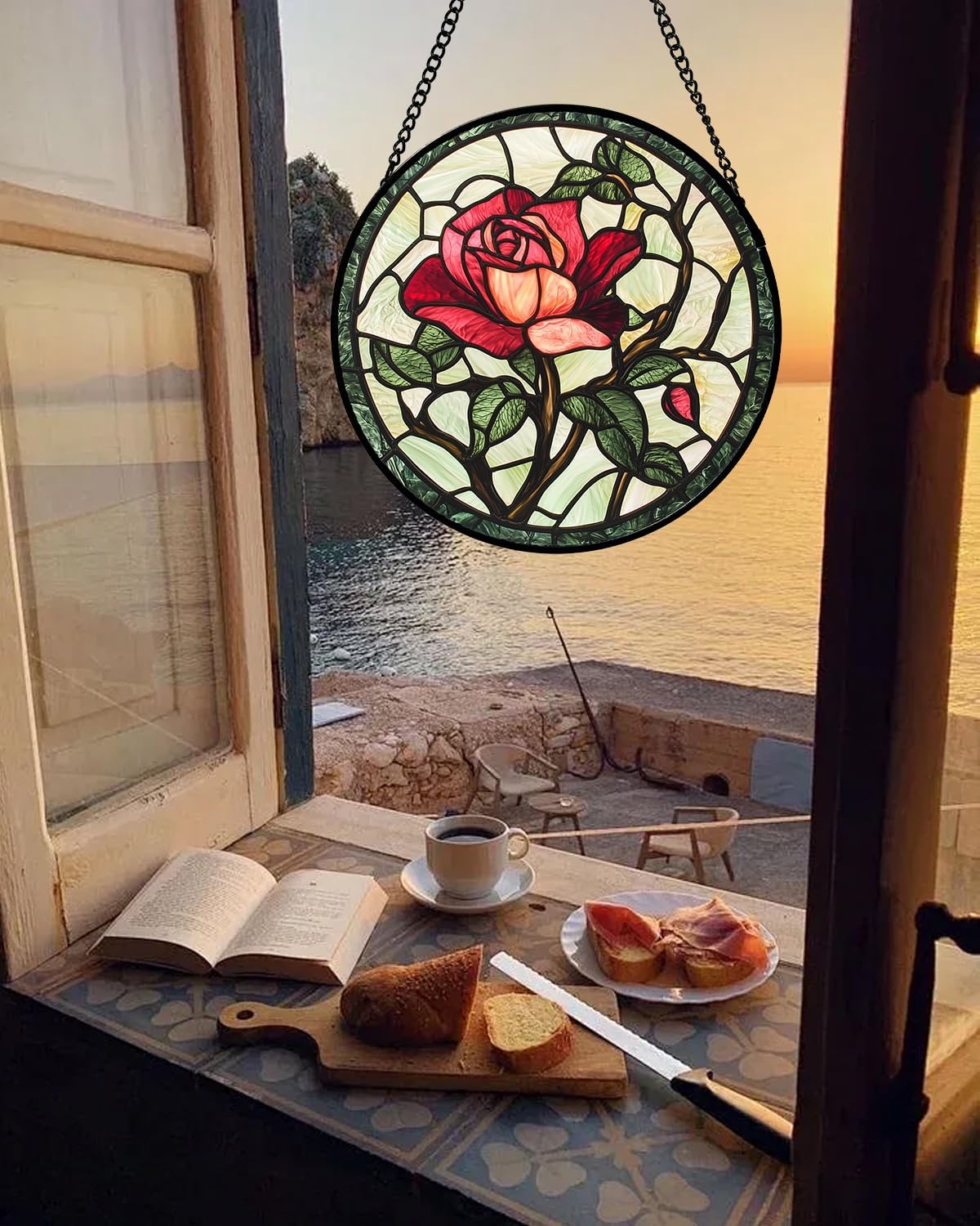 Stained Glass Window Hanging, Red Rose Flowers Sun Catcher for Door Garden Home Decor Suncatcher Christmas Mother's Day Birthday Gifts for Women Lovers Men Wife Girlfriend Mom Nana 6.3 in