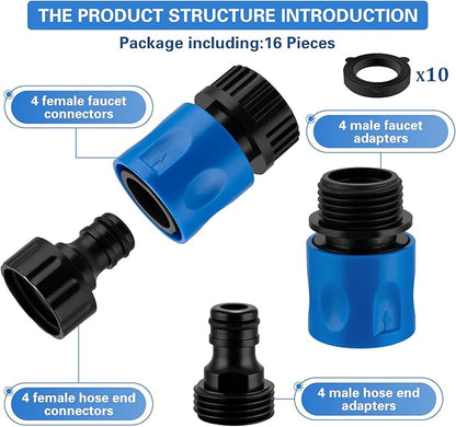 16 Pieces Garden Hose Quick Connect Fittings 3/4 Inch Plastic Water Hose Quick Connect Male and Female Water Hose End Adapters with 10 Pieces Rubber Washer (Blue)