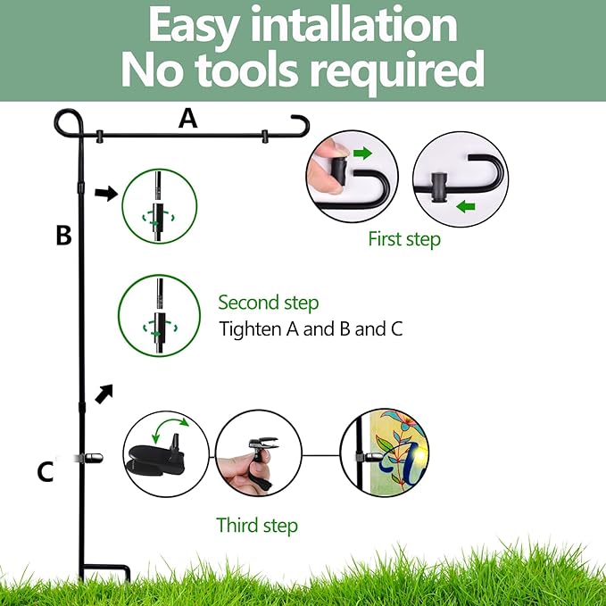 3 Pack Garden Flag Stand Holder Pole,Premium Powder-Coated Weather-Proof Metal Paint Yard Flag Stand with Tiger Clip and Spring Stoppers,House Flag Pole Holder for Outdoor Garden Lawn