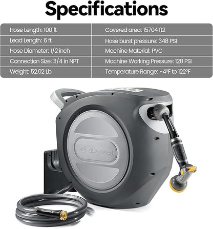 GLAHODEN Retractable Garden Hose Reel 1/2 in x 100 ft Upgraded UV Resistant Heavy Duty Automatic Hose Reel Wall Mount 3/4 in Brass Fitting 9 Pattern Nozzle Any Length Lock Slow Retraction 180° Swivel