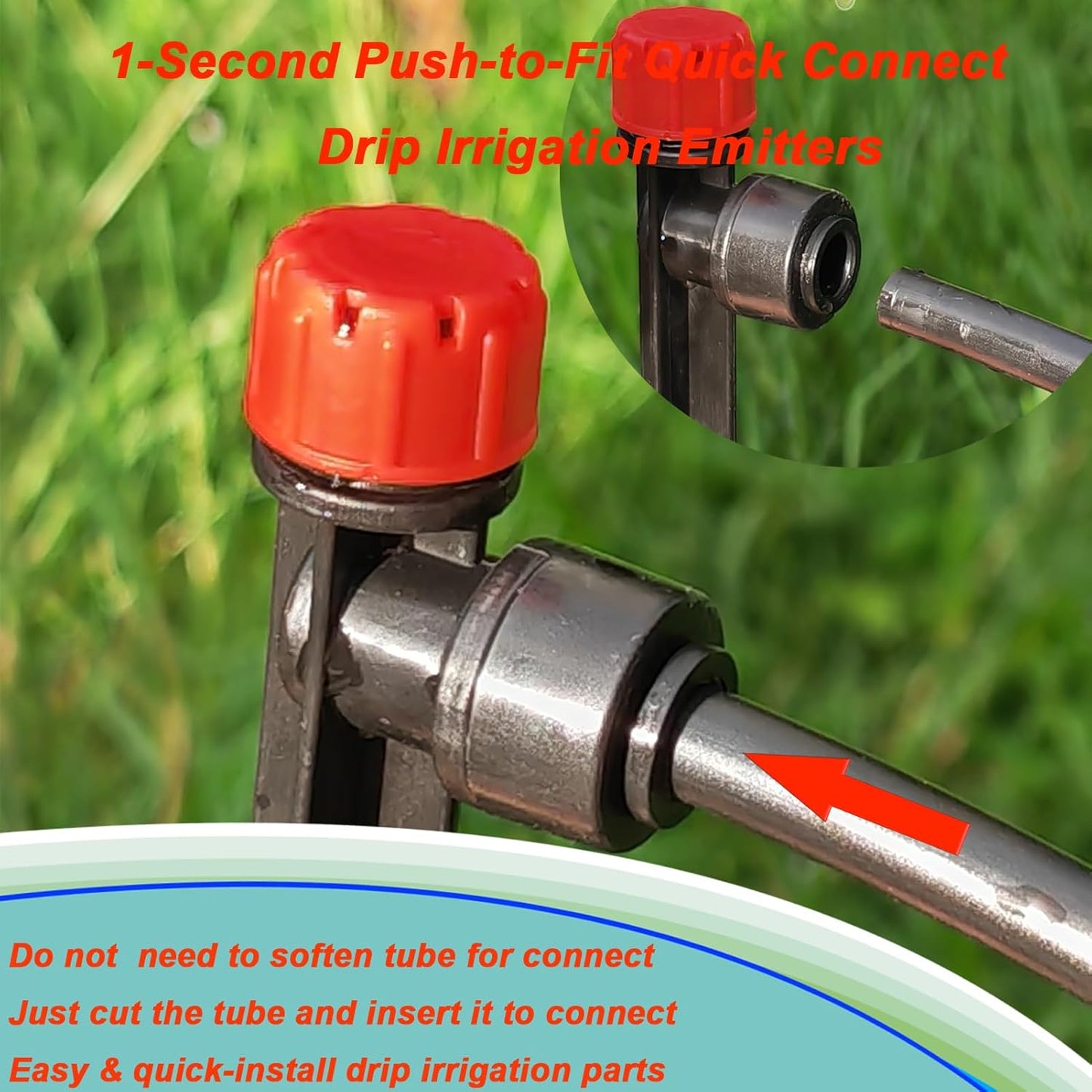 30pcs Drip Irrigation Emitters - Push-to-Quick Connect to 1/4" Tube - Adjustable 360 Degree Drippers Emitters Vortex on 5.3" Stakes-Garden Watering System (Red Emitters Stream-30PCS)