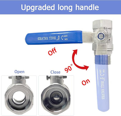 Garden Hose Shut Off Ball Valve Full Flow Water Valve 3/4''GHT Female to Male Heavy Duty Lead-free 304 Stainless Steel Long Handle No Restricted-Flow Water Shut Off Connector