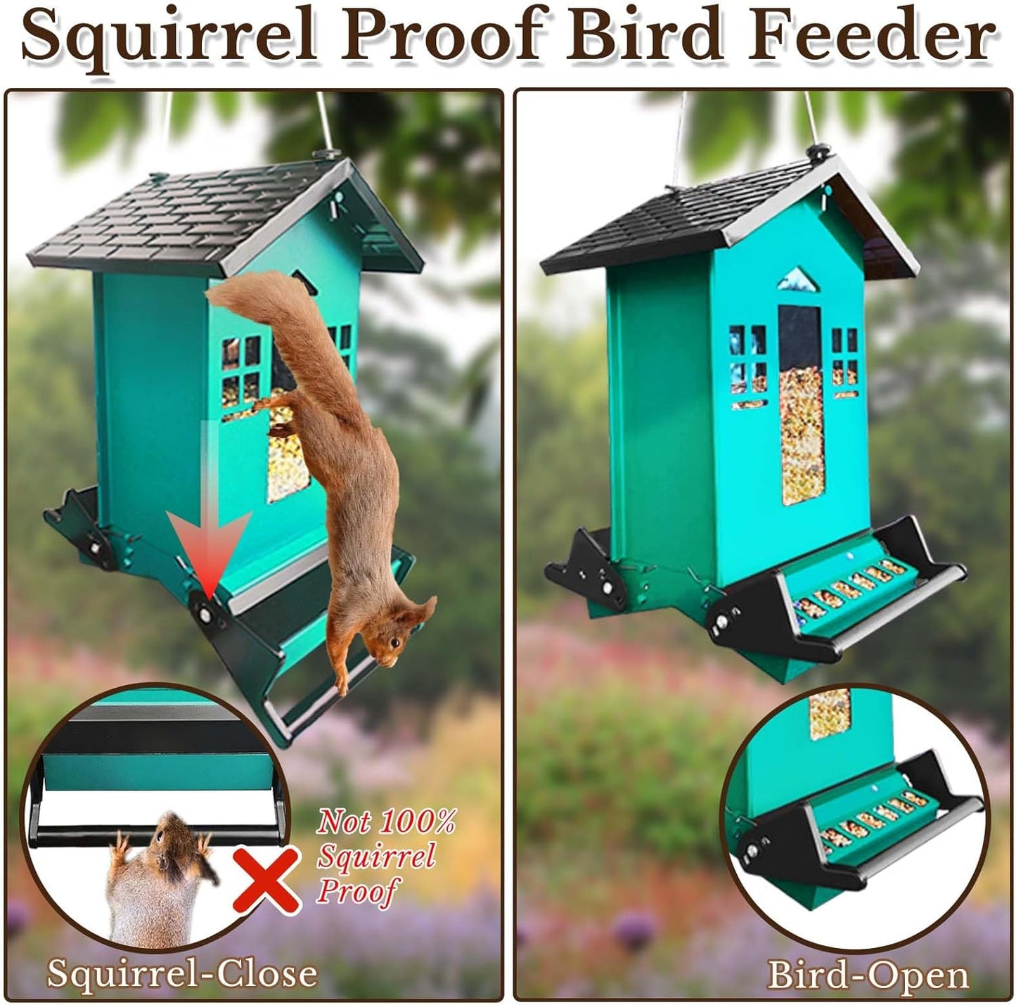 Squirrel Proof Bird Feeder for Outside, Bird Feeders for Outdoors Hanging 5 Lbs Seed, Wild Bird Feeder Large Capacity (Green)