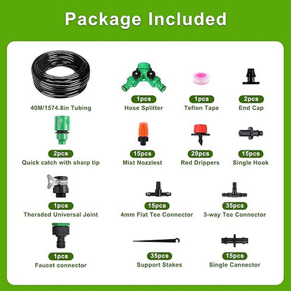 Drip Irrigation Kit 131FT 158PCS with 1/4" Black Distribution Tubing, Automatic Watering System for Garden, Greenhouse, Patio, Flower Bed, Lawn