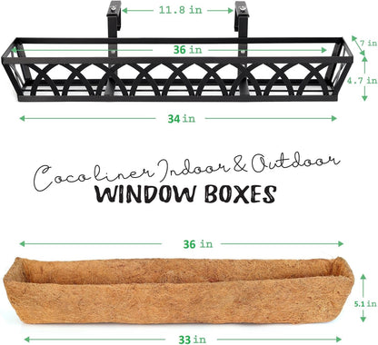 Window Box Railing, 36 Inch Black Metal Hanging Flower Planter Basket with Coco Liner for Outdoor Balcony Porch Fence Patio for Home, Office and Hotel (Black - 4 Pcs/Set)