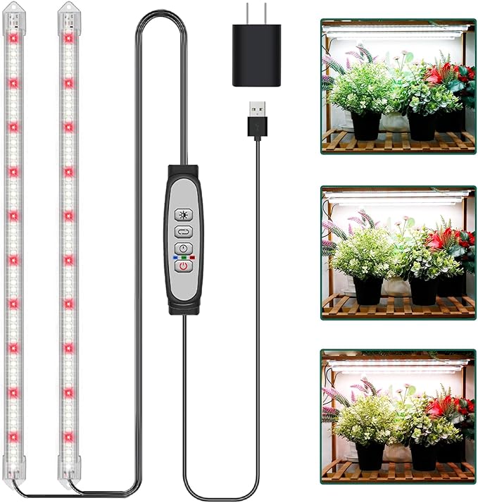 2-Bar Grow Light Strips for Indoor Plants, 16" Full Spectrum Plant Lights, 6500K Sunlike Grow Lights with 6/12/18H Timer, 5-Level Dimmable for Indoor Growing