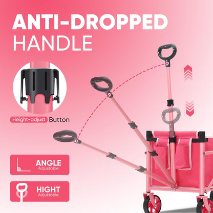 Heavy Duty Wagon with Big Wheels, Foldable Cart with 220LBS Capacity, Utility Lightweight Wagon, Collapsible Grocery Shopping Cart for Camping Sports & Holiday. Pink