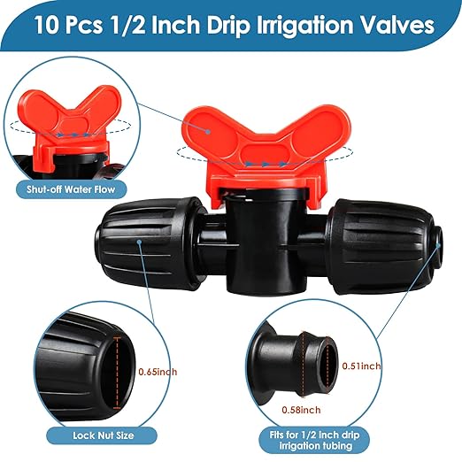 Drip Irrigation Shut Off Valve Fittings: 10 Piece Switch Valve for 1/2" Drip Irrigation Tubing (1/2" ID x0.6-0.65" OD) 16mm Barbed Locked Nut Connectors Cut Off Water Flow