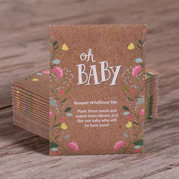 BENTLEY SEED CO. Oh Baby Flower Seeds Packets - Girl/Boy Baby Shower Favors - Pre-Filled, 25 Wildflower Seed Packs for Favor - Eco-Friendly Gift & Babys Guest Giveaways - Non-GMO Seeds - Brown