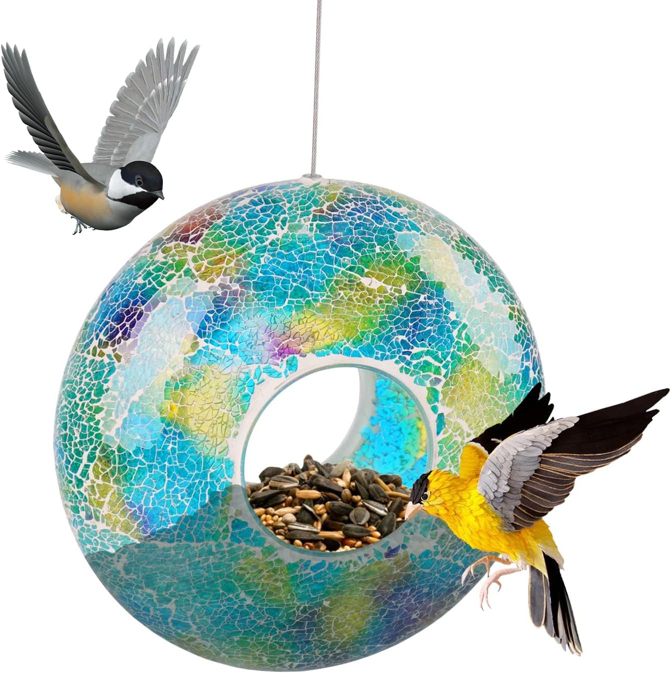 Mosaic Bird Feeder - Outdoor Fly Through Wild Hanging Bird Feeders with Mosaic Glass Design, 9 Inch, Blue