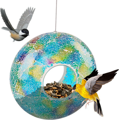 Mosaic Bird Feeder - Outdoor Fly Through Wild Hanging Bird Feeders with Mosaic Glass Design, 9 Inch, Blue