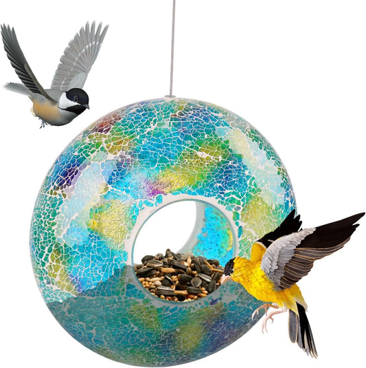 Mosaic Bird Feeder - Outdoor Fly Through Wild Hanging Bird Feeders with Mosaic Glass Design, 9 Inch, Blue