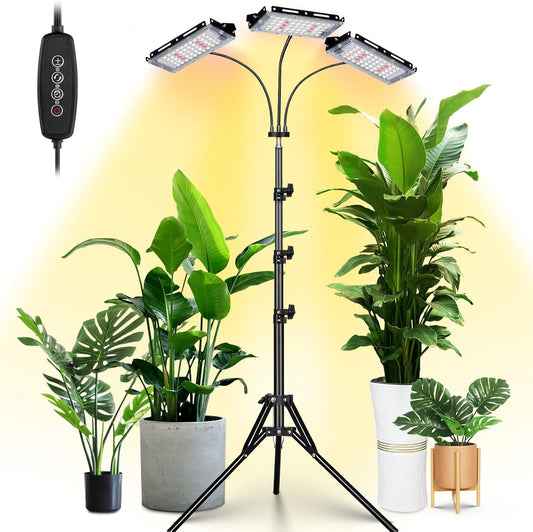 LORDEM Plant Grow Light with Stand, Full Spectrum LED Growing Lamp, Tri-Head with 3H/6H/12H Timer, 6 Dimmable Levels, 3 Lighting Modes, 15"-63" Adjustable Tripod