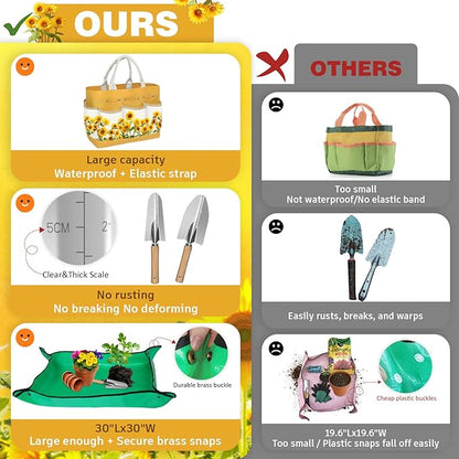 22Pcs Gardening Tools Set for Women Heavy Duty Garden Hand Tool Kit Gifts for Mom Beginner Gardener Gardening Accessories with SunflowerTote Bag/Shovel/RepottingMat/Plant Labels/Gloves-Yellow
