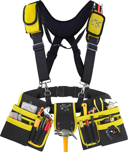 Tool Belt With Suspenders, 24 Pockets Tool Bag with Magnetic Wristband, Detachable Tool Pouch Bag, Adjustable Waists for Men Electrician Carpenter Construction (Yellow)