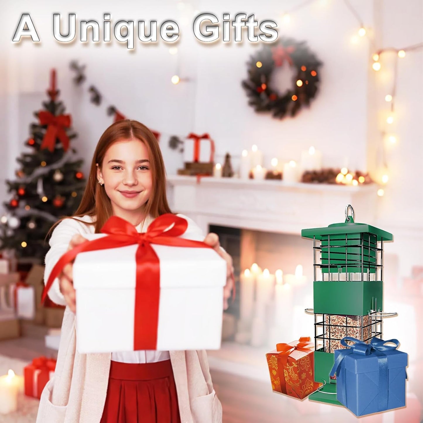 Squirrel Proof Bird Feeders for Outdoors Hanging, Large Capacity Gravity Protection Bird Feeders with 4 Feeding Ports, Metal Wild Bird Feeders for Outside, Finch, Cardinal, Blue Jay, 3.5Lbs