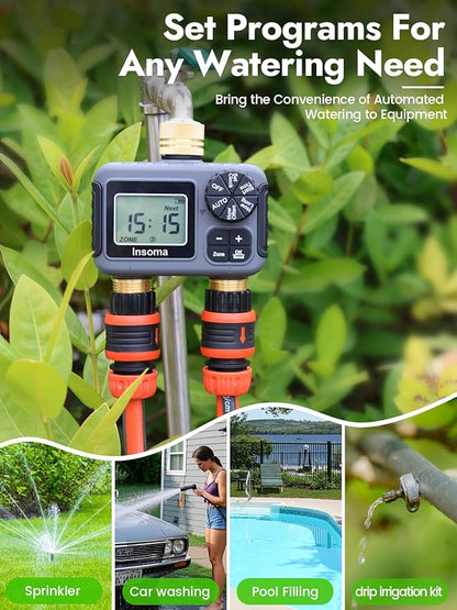 Insoma 2-Zone Water Timer Brass Inlet/Outlet, Programmable Outdoor Hose Faucet Timers with Auto/Manual Modes + Rain Delay, Waterproof Sprinkler Timer for Garden, Lawn, Yard, Pool | Save Water & Money