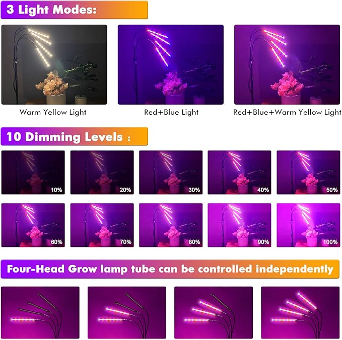 Plant Grow Lights for Indoor Plants Full Spectrum, LED Floor Plant Lights for Indoor Growing with Adjustable Stand (14"-63"), Indoor Plant Grow Lamp with Timer, Auto On/Off for House Plants