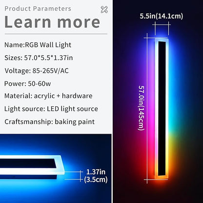 Widened 2 Pack Modern Exterior Lighting Fixtures, 58inch RGB Dimmable Outdoor Wall Sconces, 10 Colors, 5 Modes, IP65 Waterproof, Black Long LED Wall Mount Lights for Fence, Balcony, Garage