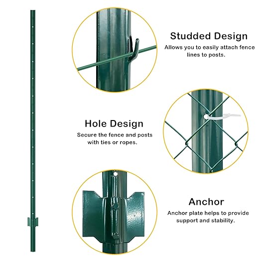 Metal Fence Post 7feet, Heavy Duty Garden Fence Post for Holding Wire Fence, Sign U Post Pack of 10 Sturdy Outdoor No Dig Fence Post for Garden Yard – Green