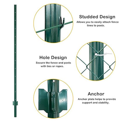 Metal Fence Post 7feet, Heavy Duty Garden Fence Post for Holding Wire Fence, Sign U Post Pack of 10 Sturdy Outdoor No Dig Fence Post for Garden Yard – Green