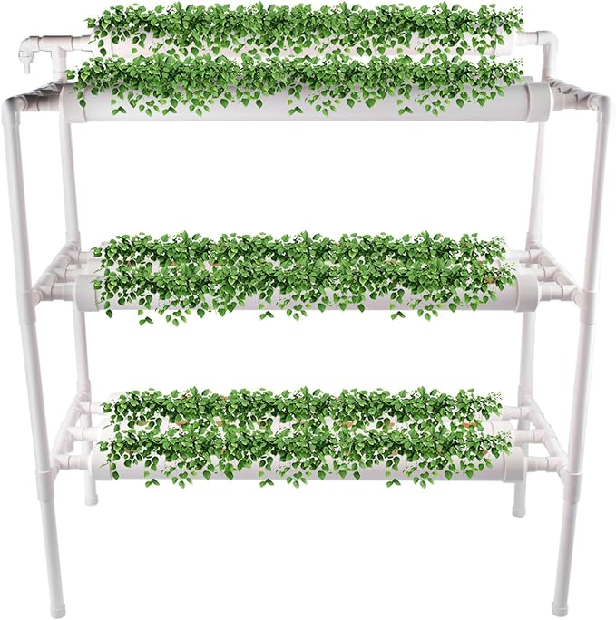 Hydroponic Grow Kit, 3 Layer 90 Plant Sites 10 Food-Grade PVC-U Pipes Hydroponics Planting System with Water Pump, Pump Timer, Nest Basket and Sponge for Leafy Vegetables