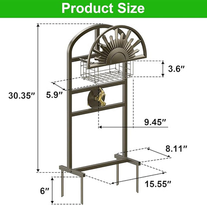 GOFORWILD Garden Hose Holder with Brass Faucet, Freestanding Water Hose Stand with Storage Basket, Detachable Heavy Duty Hose Reel Hanger Holds 150-Feet Hose for Outside Patio Yard Lawn