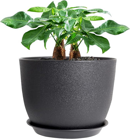 12inch Large Plant Pot, Modern Plastic Planter with High Driange Holes and Saucer for Indoor Outdoor Garden Plants and Flowers, Black