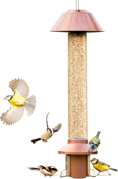 Roamwild 2.0 Squirrel Proof Wild Bird Feeder Mixed Seed Sunflower Heart Version - Now Greatly Improved - Antique Copper – Huge 4 POUND Seed Capacity – 26”x8”x8” (w/Hanger)
