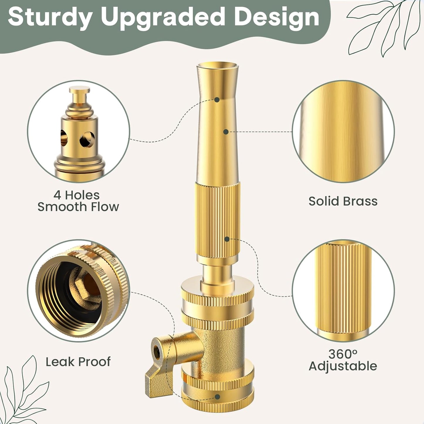 Twinkle Star Heavy-Duty Brass Adjustable Twist Hose Nozzle, High Pressure Hose Nozzle with On-Off Valve, Leakproof Operation 3/4" GHT Connector 4 Pack