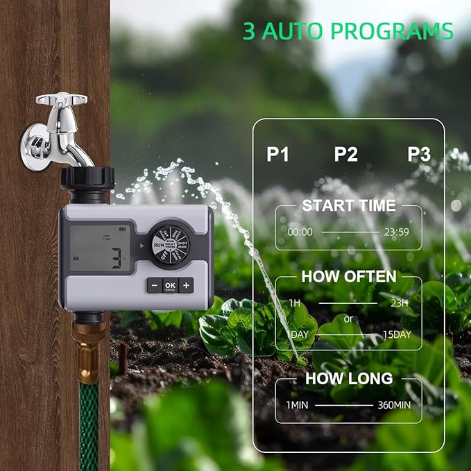 Programmable Garden Sprinkler Timer – Digital Hose Faucet Watering Controller with Brass Inlet, Rain Delay & Manual Mode – Automatic Irrigation System for Lawn & Outdoor Plants