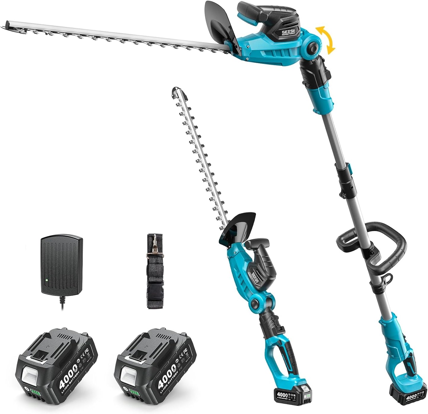 SEESII Pole & Cordless Hedge Trimmer 2-in-1: Electric Bush Trimmer with 20" Dual-Action Blade - 2 Pcs 4.0Ah Batteries, Telescopic Pole, Adjustable Rotating Head, Handheld Hedge Cutter for Tree Shrubs