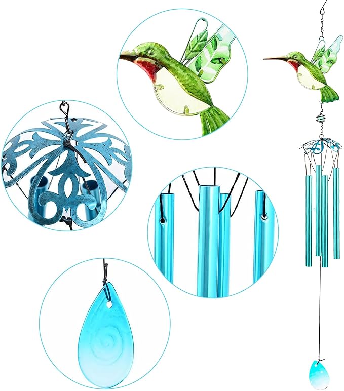 Green Hummingbird Wind Chimes, Wind Chimes for Outdoor, 26" Glass Painted Mobile Romantic Chimes, Patio, Balcony, Garden Decoration, Gifts for Mom & Women