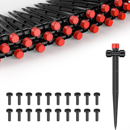 Pawfly 60 Pcs Push-to-Fit Drip Irrigation Emitters for 1/4 Inch Tubing with Stake & End Plugs, Two-Way Connection Irrigation Drippers, 8-Stream Sprinklers Drip Emitters with Adjustable Water Flow