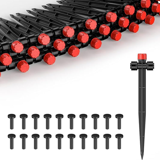 Pawfly 60 Pcs Push-to-Fit Drip Irrigation Emitters for 1/4 Inch Tubing with Stake & End Plugs, Two-Way Connection Irrigation Drippers, 8-Stream Sprinklers Drip Emitters with Adjustable Water Flow