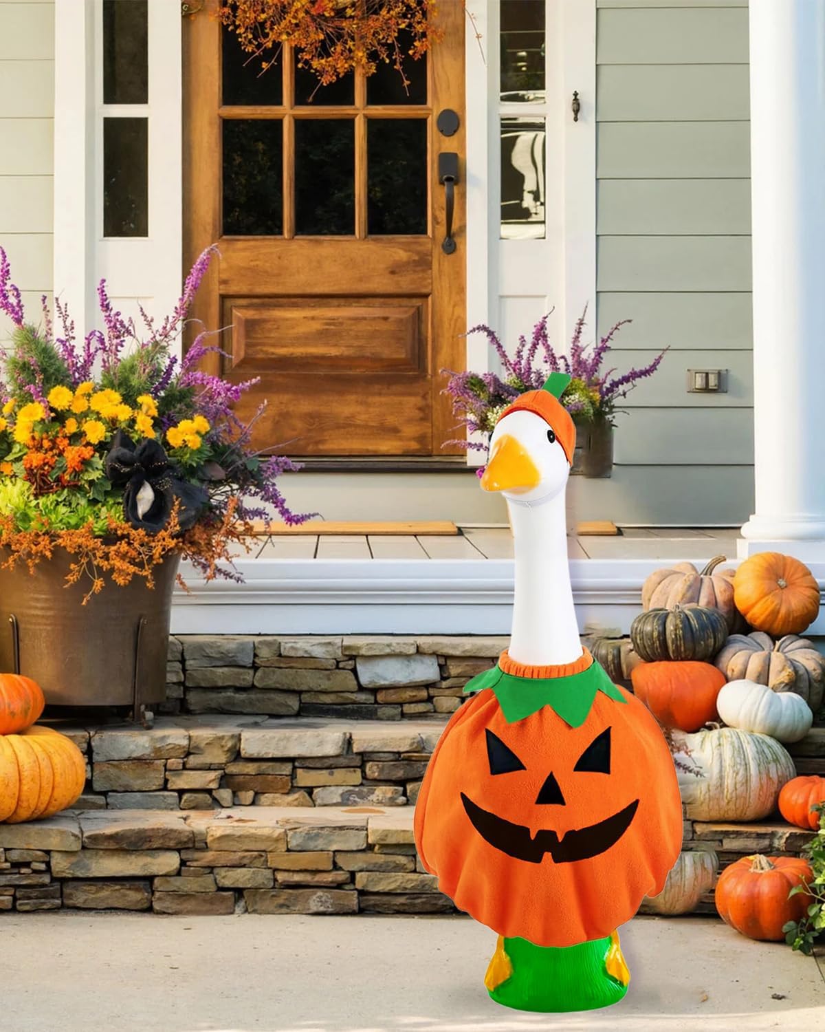 Helloween Porch Goose Outfits, 2 Pcs/Set Pumpkin Lawn Cement Goose Clothes, 23" Patio Yard Garden Geese Costume Decoration