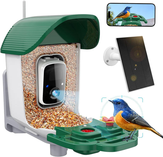 Smart Bird Feeder with 3MP HD Camera & AI Identify, Hummingbird Feeder with Solar Panel, Supports Two-Way Audio, Instant Arrival Alerts, Birdhouses for Outdoors, Gifts for Bird Lovers, Green