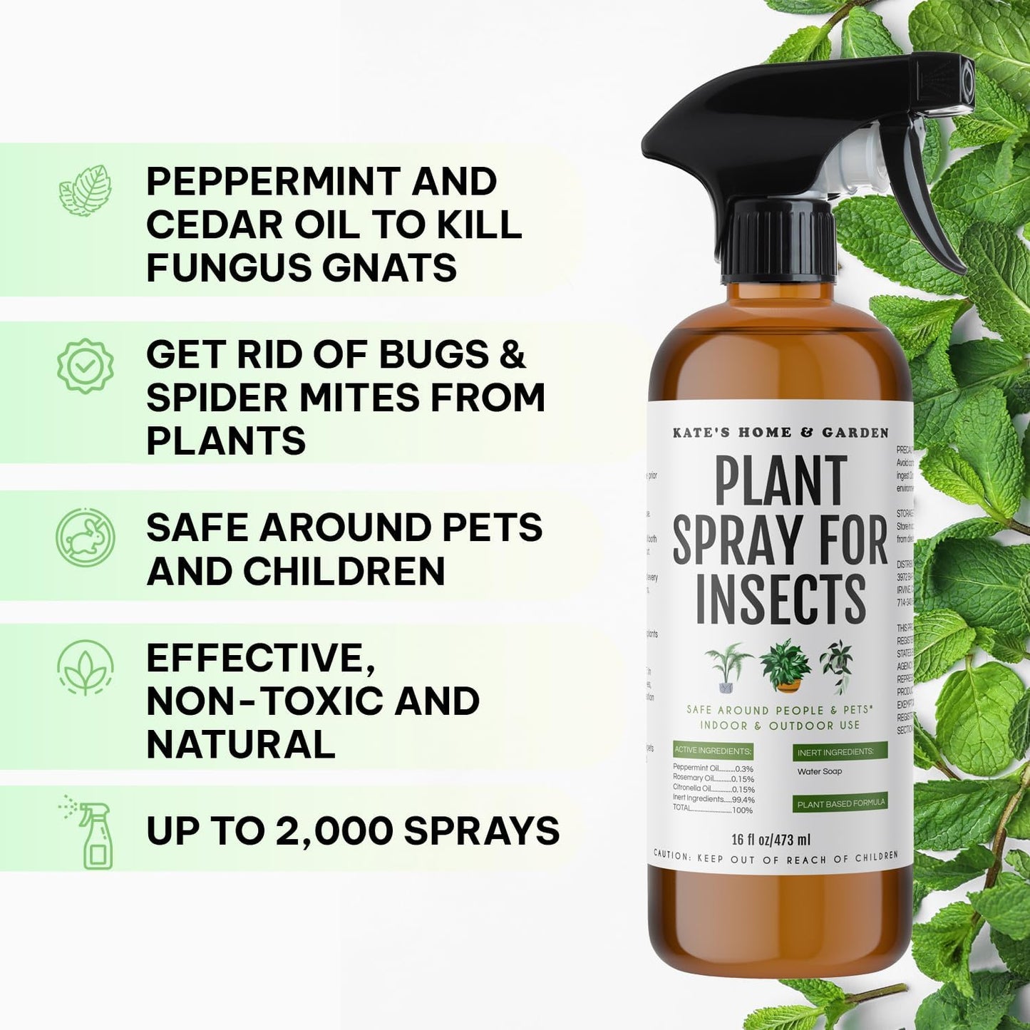 Kate's Home & Garden Plant Spray for Insects & Getting Rid of Gnats with 12 Sticky Traps. Fungus Gnat Killer & Bug Spray for Indoor Plants (16oz, Peppermint, Pet Safe, Non Toxic)