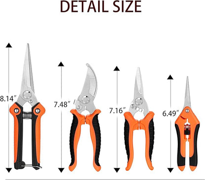 5 pack Garden Pruning Shears Stainless Steel Blades, Handheld Scissors Set with Gardening Gloves,Heavy Duty Garden Bypass Pruning Shears,Tree Trimmers Secateurs, Hand Pruner (Orange)
